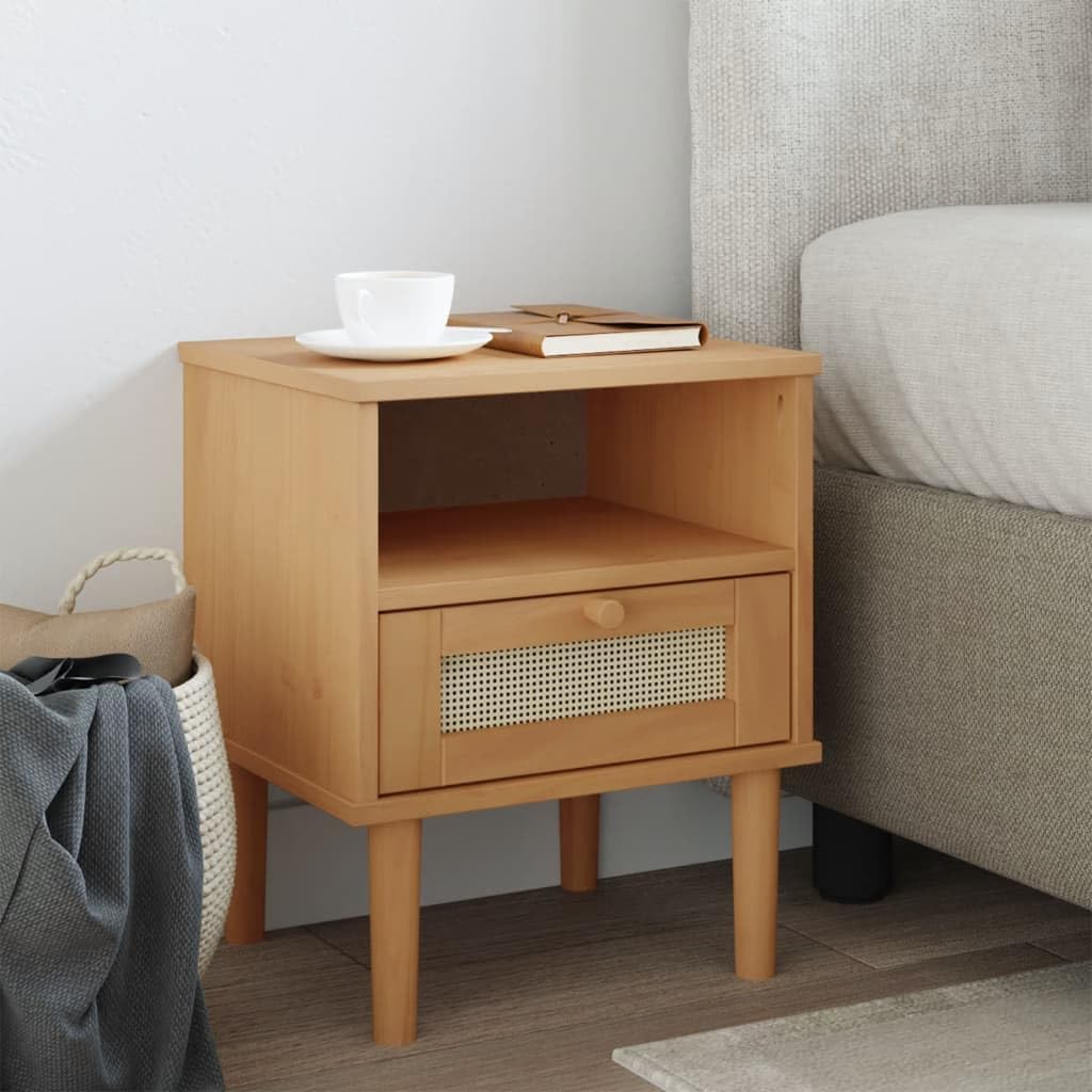 vidaXL Bedside Cabinet SENJA in Rattan Look - Brown Solid Pine Wood Nightstand with Storage Compartment and Drawer